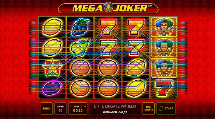 Farbliche Markierung der 40 Gewinnlinien des Mega Joker Slots